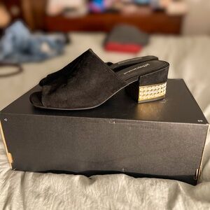 Jeffrey Campbell Black Suede Mules with Gold Heel